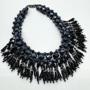 Statement Necklace Deep Blue Charcoal Glass and Lucite Faceted Beads
